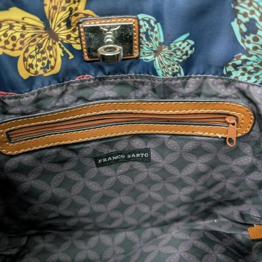 Franco Sarto navy blue‎ butterfly print tote bag with brown leather straps